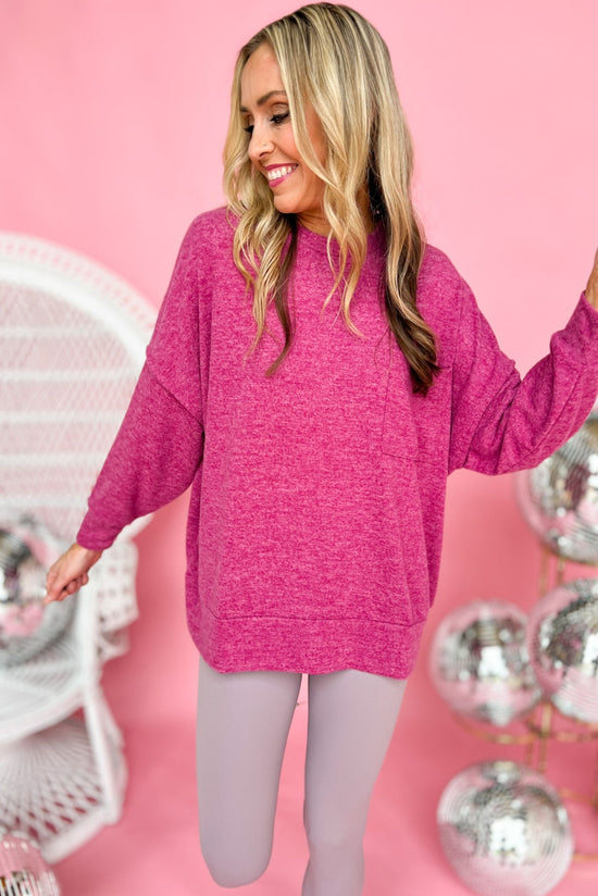 Load image into Gallery viewer, magenta Brushed Drop Shoulder Front Pocket Sweater, fall fashion, must have, layered look, mom style, everyday wear, shop style your senses by mallory fitzsimmons

