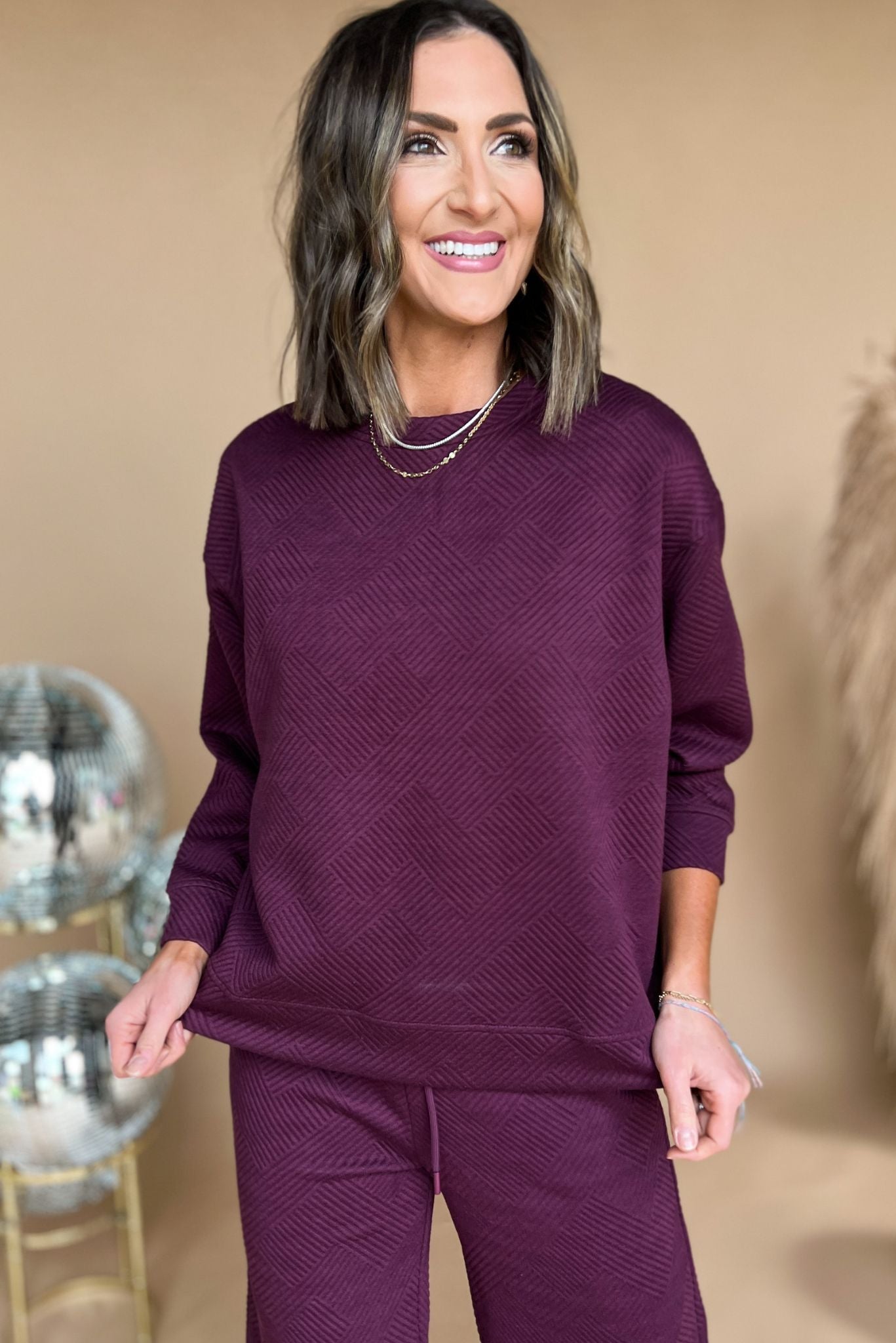 Burgundy Textured Crew Neck Wide Leg Pants Set, matching set, textured print, must have, mom style, travel look, shop style your senses by mallory fitzsimmons