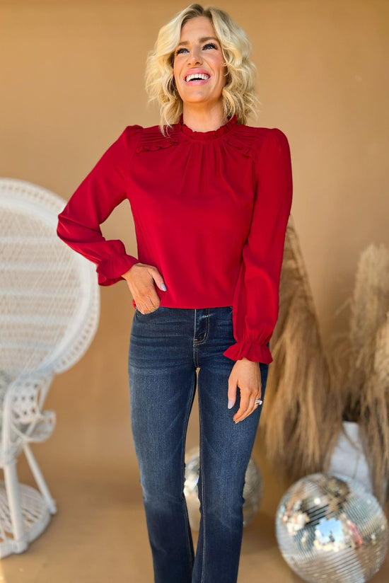 Load image into Gallery viewer, Wine Mock Neck Long Sleeve Pleat Detail Top, fall fashion, must have, pleat detail, work to weekend, mom style, shop style your senses by mallory fitzsimmons
