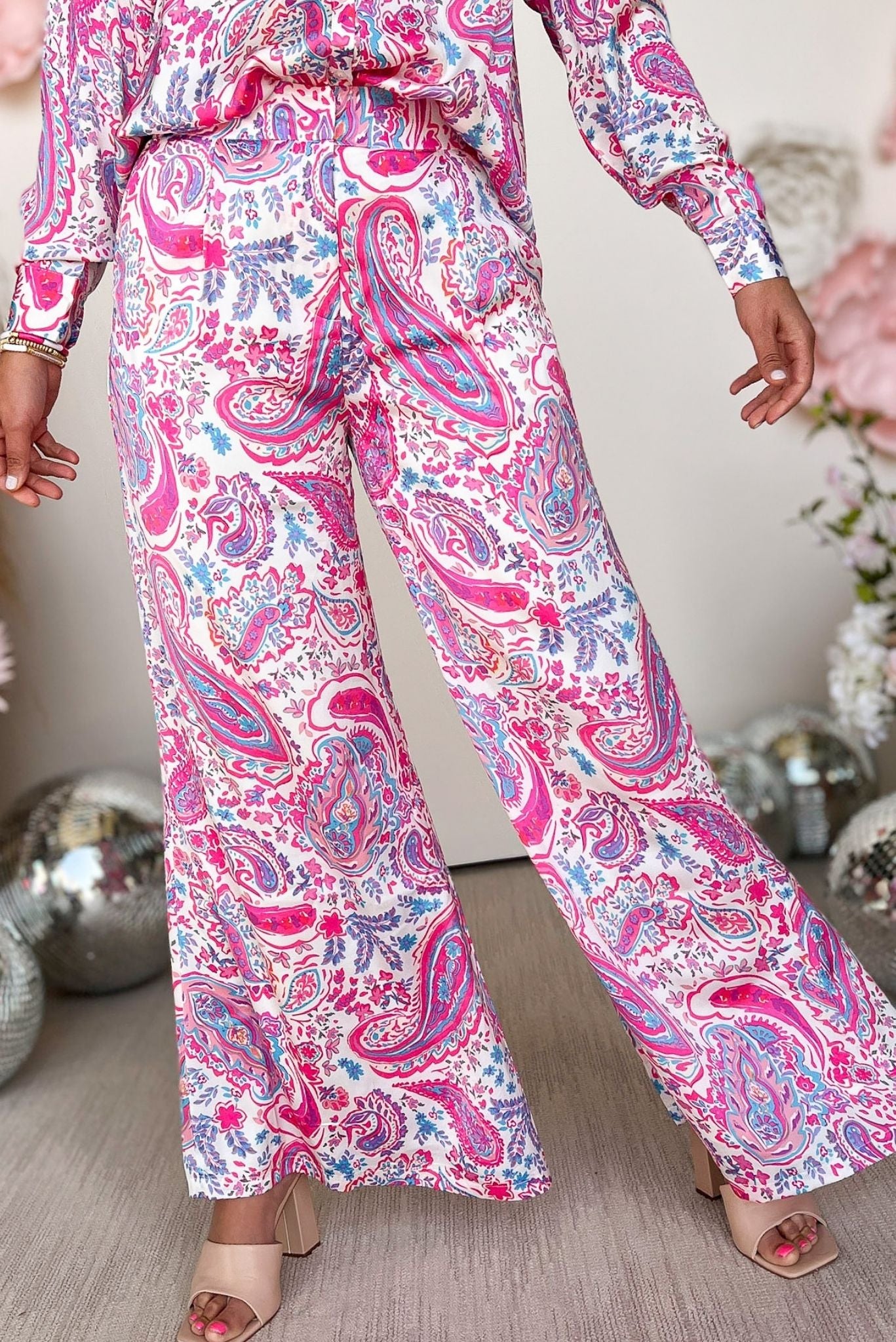 pink Paisley Floral Satin High Rise Wide Leg Pants, matching set, wide leg, paisley print, must have, shop style your senses by mallory fitzsimmons