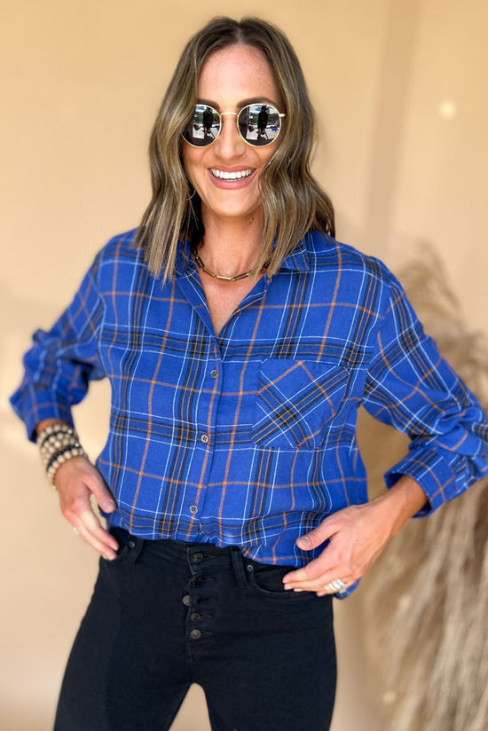Load image into Gallery viewer, Royal Blue Plaid Oversized Flannel, everyday wear, fall flannel, fall must have, mom style, layered look, shop style your senses by mallory fitzsimmons
