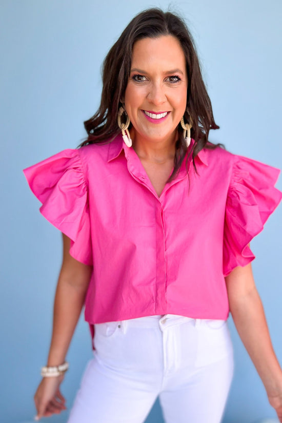 SSYS pink Ruffle Sleeve Button Down Poplin Blouse, ruffle shoulder, button down, collar detail, must have, mom style, shop style your senses by mallory fitzsimmons
