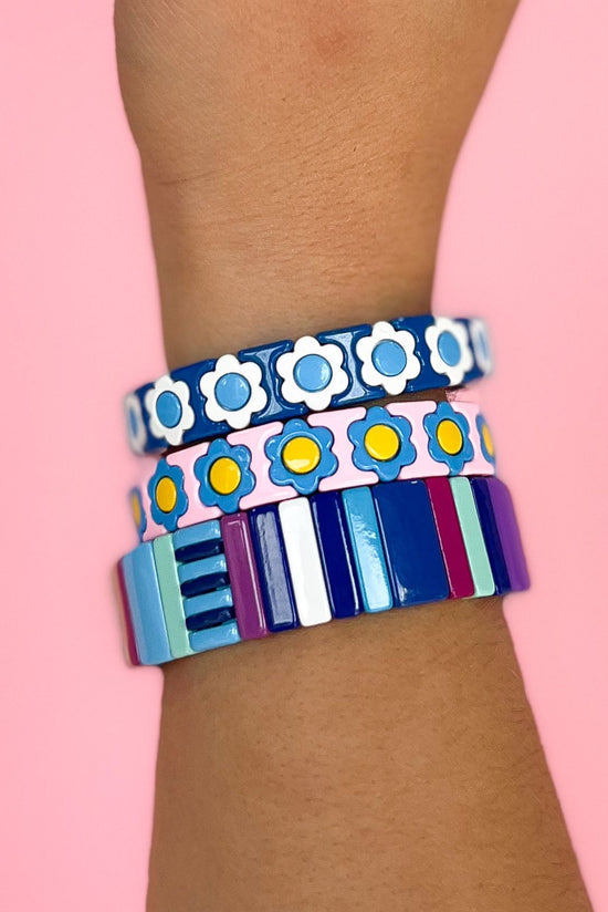 Load image into Gallery viewer, light pink blue Flower Tile Bracelet, fall fashion, fall stack, must have, elevated look, elevated stack, mom style, shop style your senses by mallory fitzsimmons
