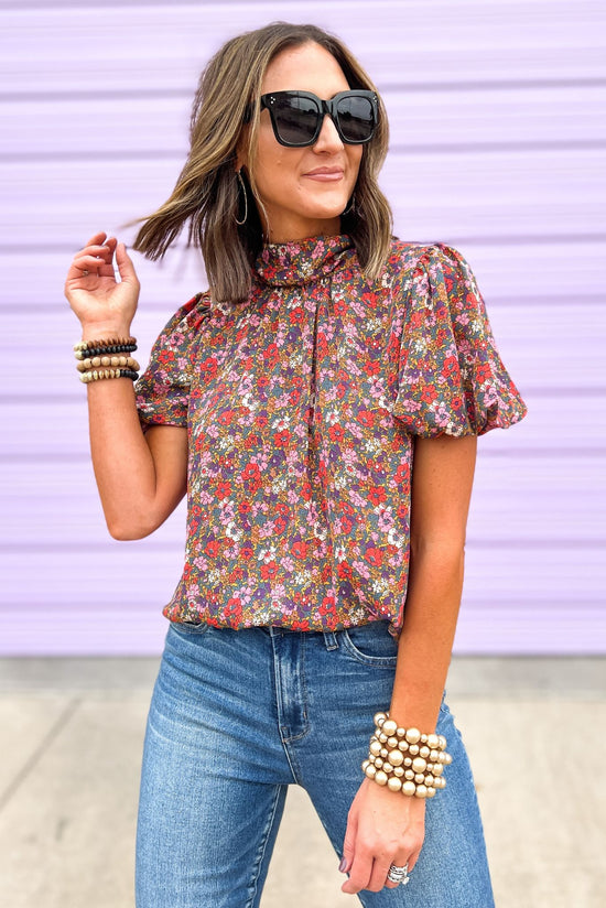 Gold Floral Mock Neck Bubble Short Sleeve Top, must have fall top, work wear, date night, fall transition piece, bow back tie, chic mom style, shop style your senses by mallory fitzsimmons