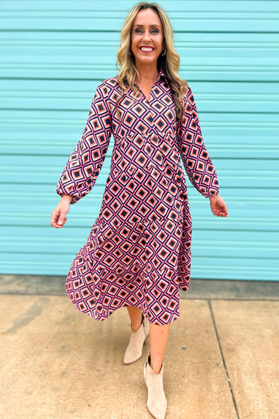 Pink Geometric Long Sleeve Collared Maxi Dress SSYS The Label, fall fashion, custom piece, must have, mom style, fall dress, date night, shop style your senses by mallory fitzsimmons 