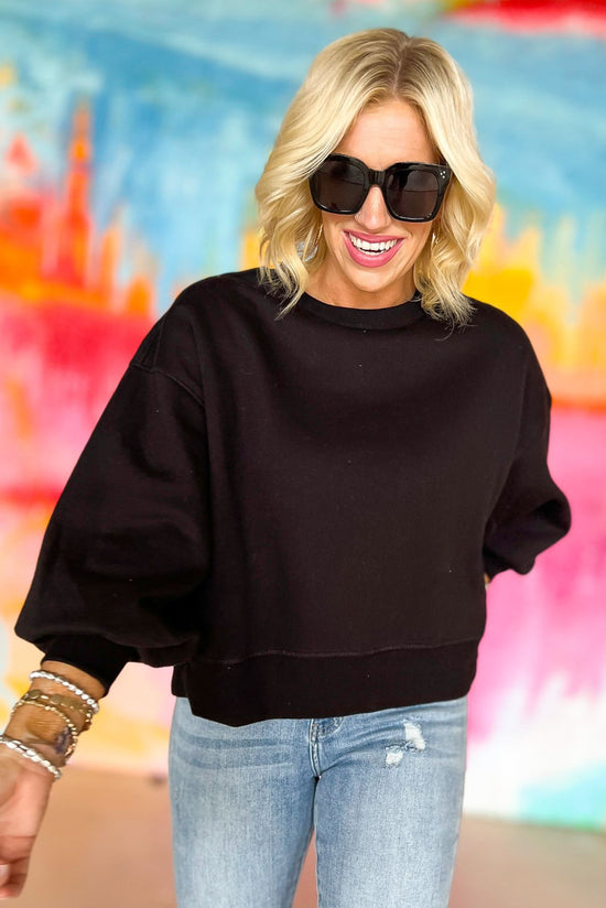 black Balloon Sleeve Sweatshirt, pink soft material, everyday wear, everyday sweatshirt, mom style, lounge to lunch, shop style your senses by mallory fitzsimmons