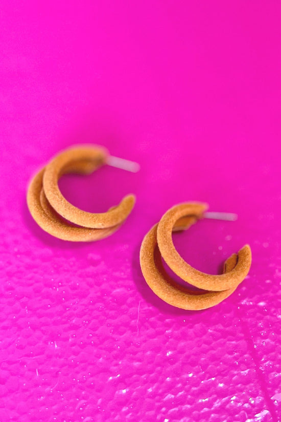 Load image into Gallery viewer, Dusty Yellow Triple Layer Faux Suede Open Hoop Earrings, fall fashion, elevated look, hoop earrings, must have, mom style, date night, shop style your senses by mallory fitzsimmons
