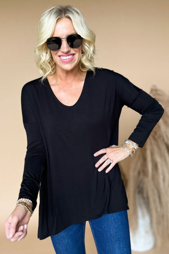 Load image into Gallery viewer,  Black Deep Round V Neckline Long Sleeve Top, black long sleeve top, dress up or dress down, basic top, staple piece, shop style your senses by mallory fitzsimmons
