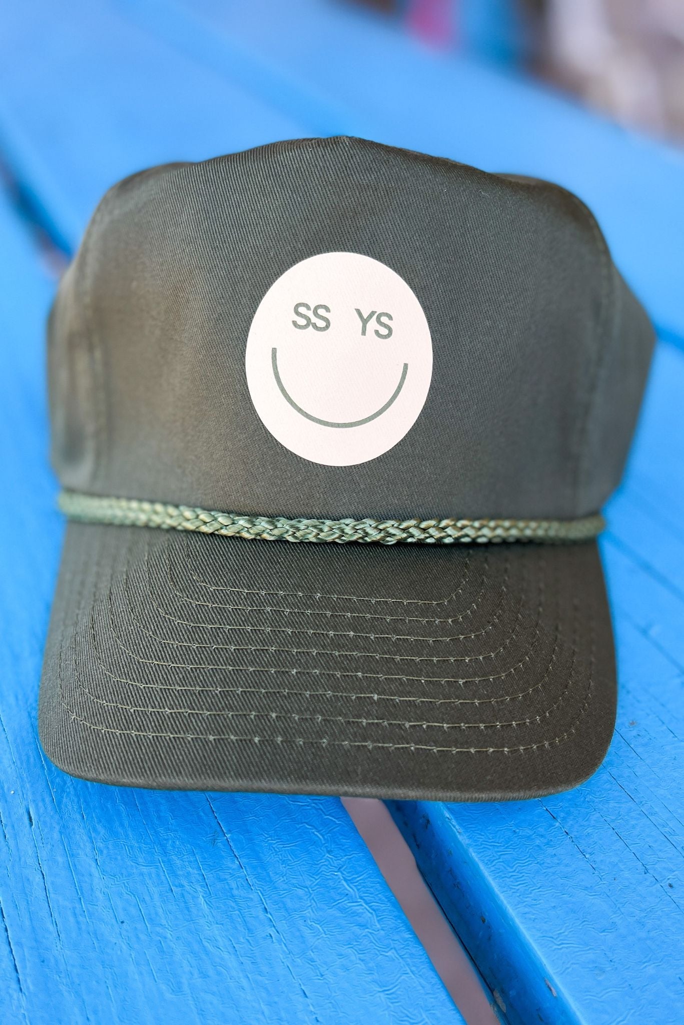 olive SSYS Smiley Trucker Hat, must have, custom piece, trucker hat, everday wear, fall fashion, mom style, shop style your senses by mallory fitzsimmons