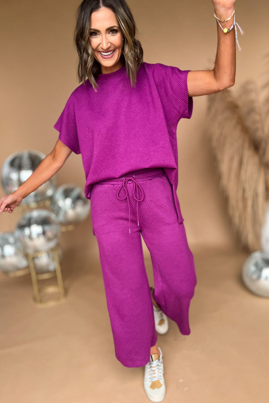 Magenta Textured Drop Shoulder Wide Leg Pants Set, matching set, textured print, must have, mom style, travel look, shop style your senses by mallory fitzsimmons