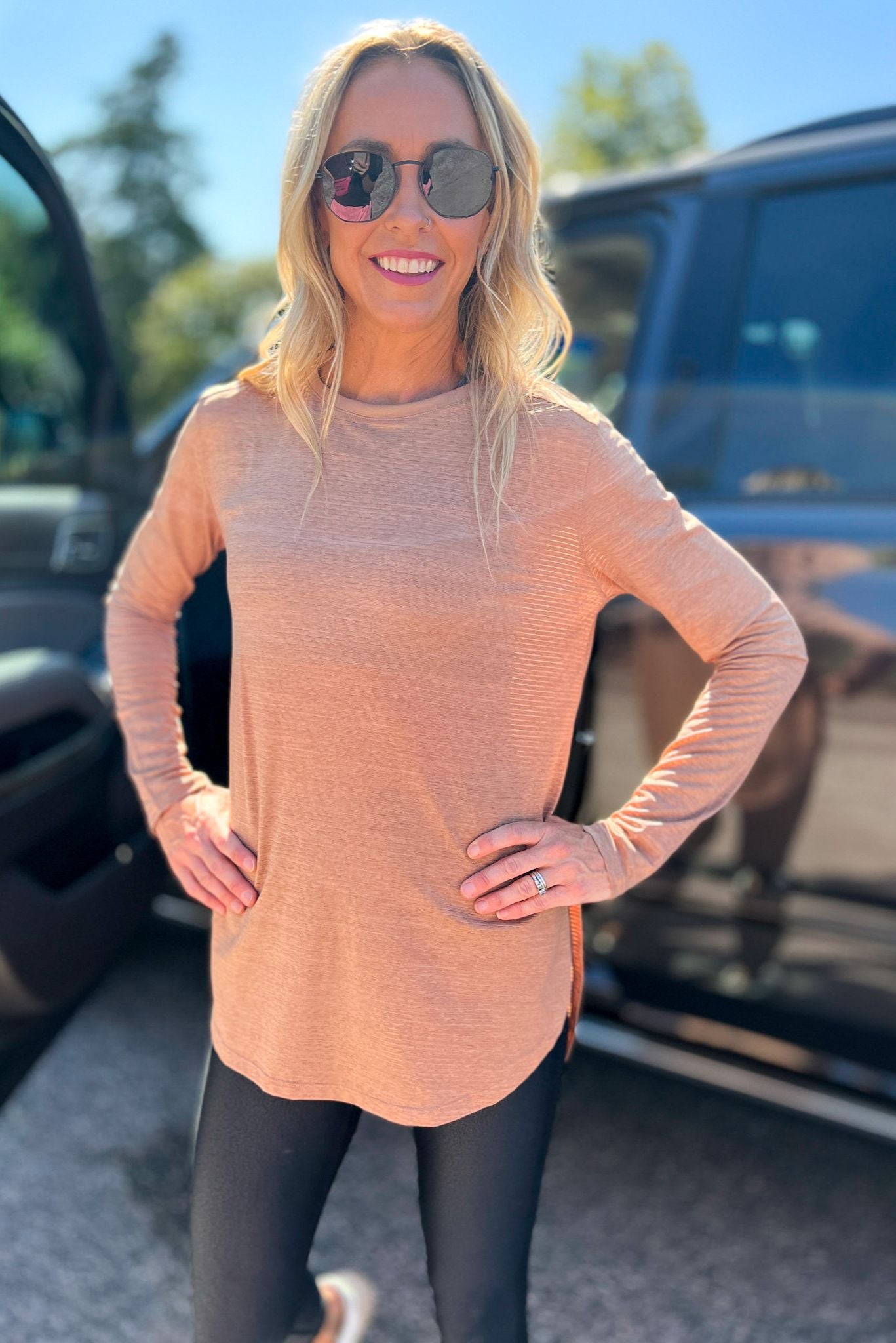 Load image into Gallery viewer, Tan Ribbed Long Sleeve Top With Side Slits, must have, everyday wear, mom style, hoodie, fall basic, shop style your senses by mallory fitzsimmon
