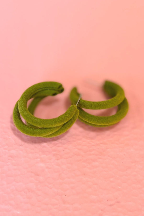 Load image into Gallery viewer, green Triple Layer Faux Suede Open Hoop Earrings, fall fashion, elevated look, hoop earrings, must have, mom style, date night, shop style your senses by mallory fitzsimmons
