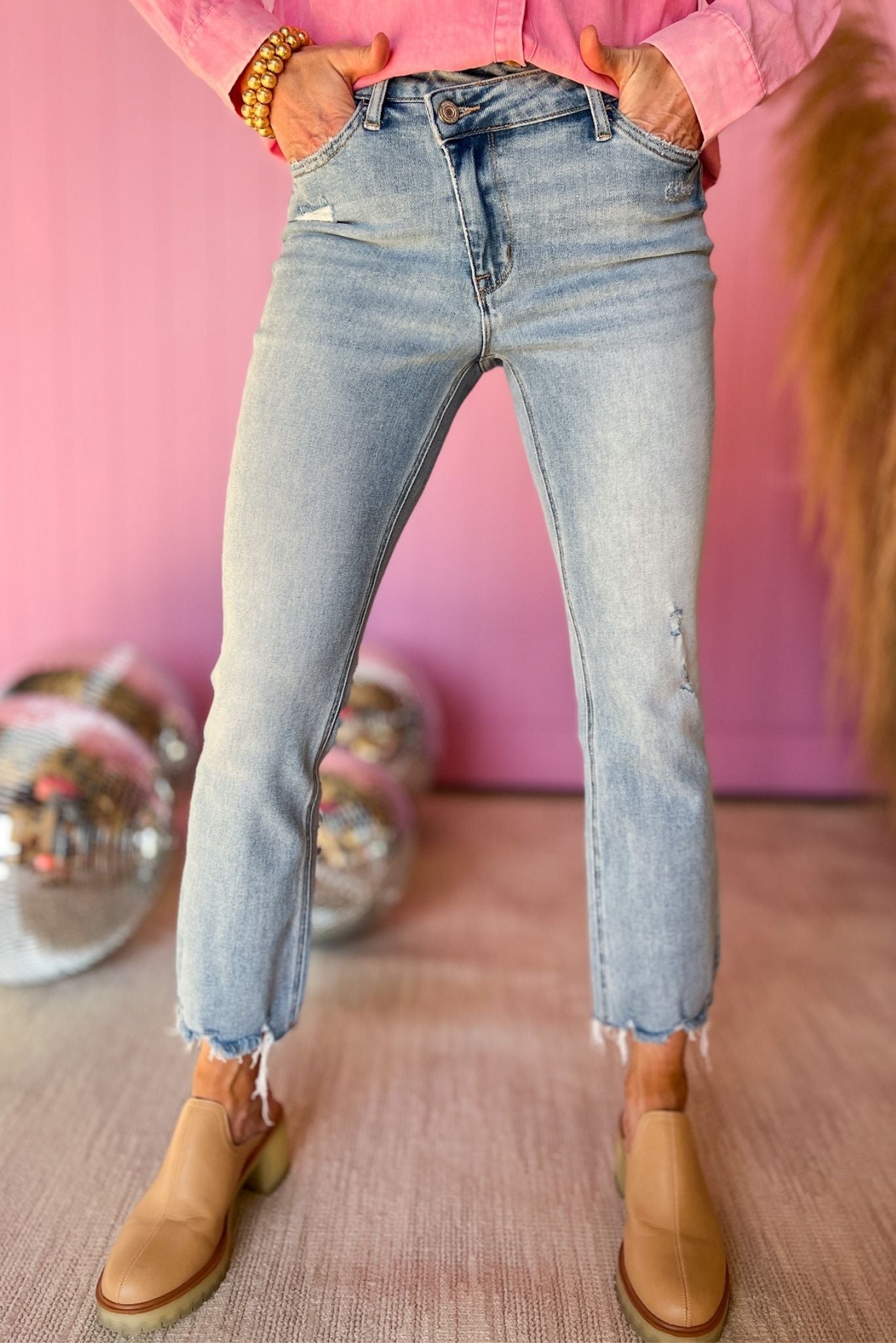 Load image into Gallery viewer, Vervet Light Wash High Rise Crossover Crop Flare Jeans, crop flare, high rise, everyday wear, mom style, start fresh, shop style your senses by mallory fitzsimmons
