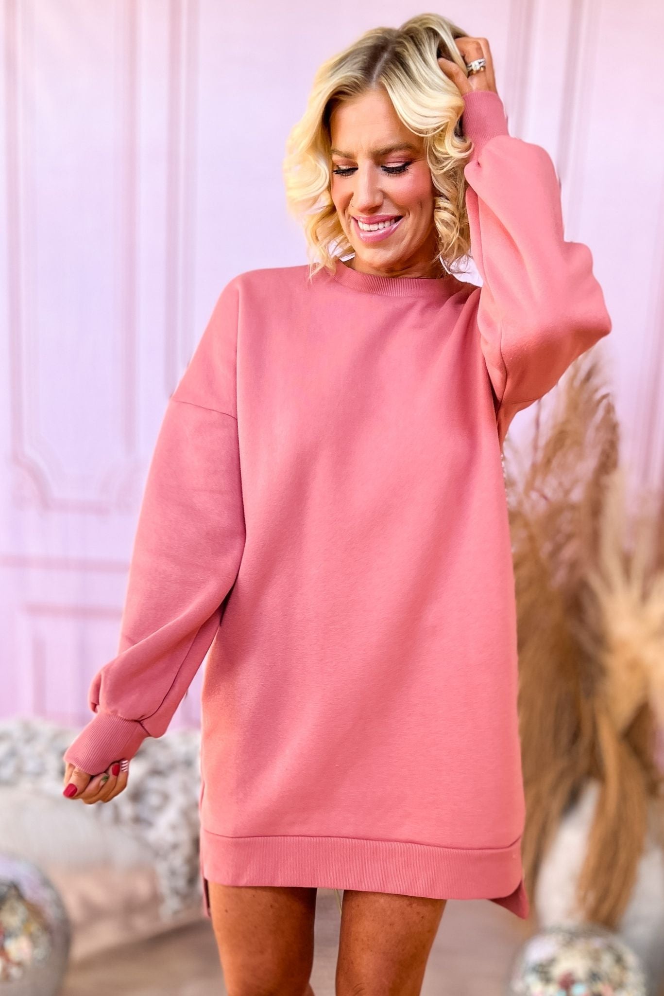 Load image into Gallery viewer, Pink Round Neck Longline Hi Low Sweatshirt Dress, cozy collection, everyday wear, lounge wear, mom style, must have, shop style your senses by mallory fitzsimmons
