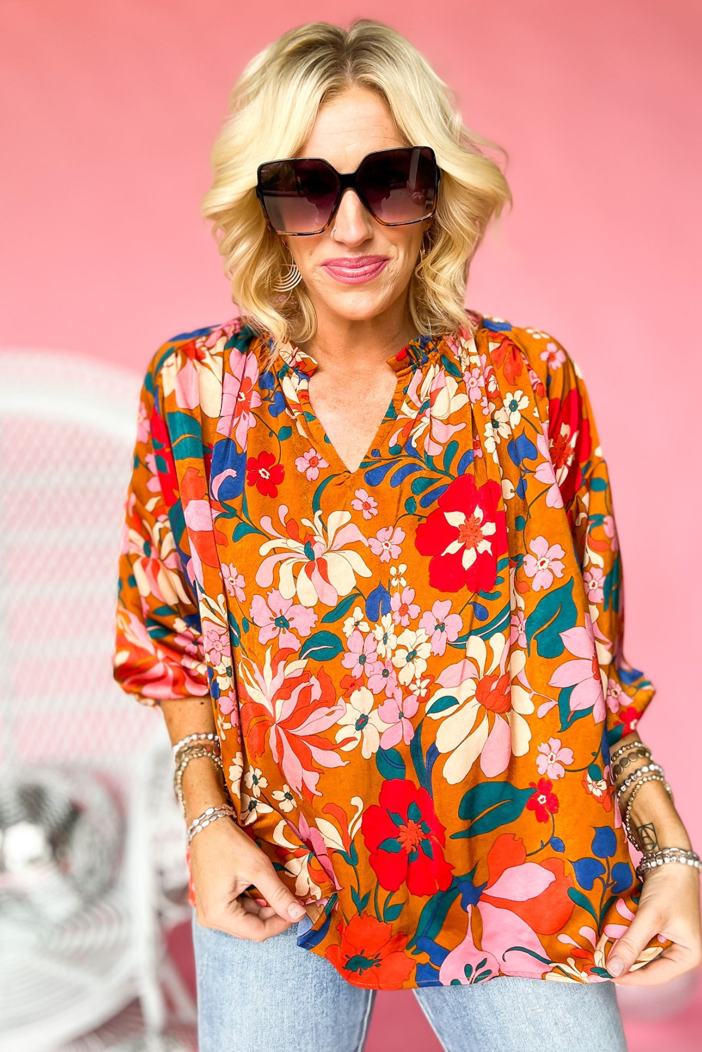 Camel Floral V Neck Bubble Sleeve Top, floral statement top, work wear, mom style, fall transition piece, shop style your senses by mallory fitzsimmons