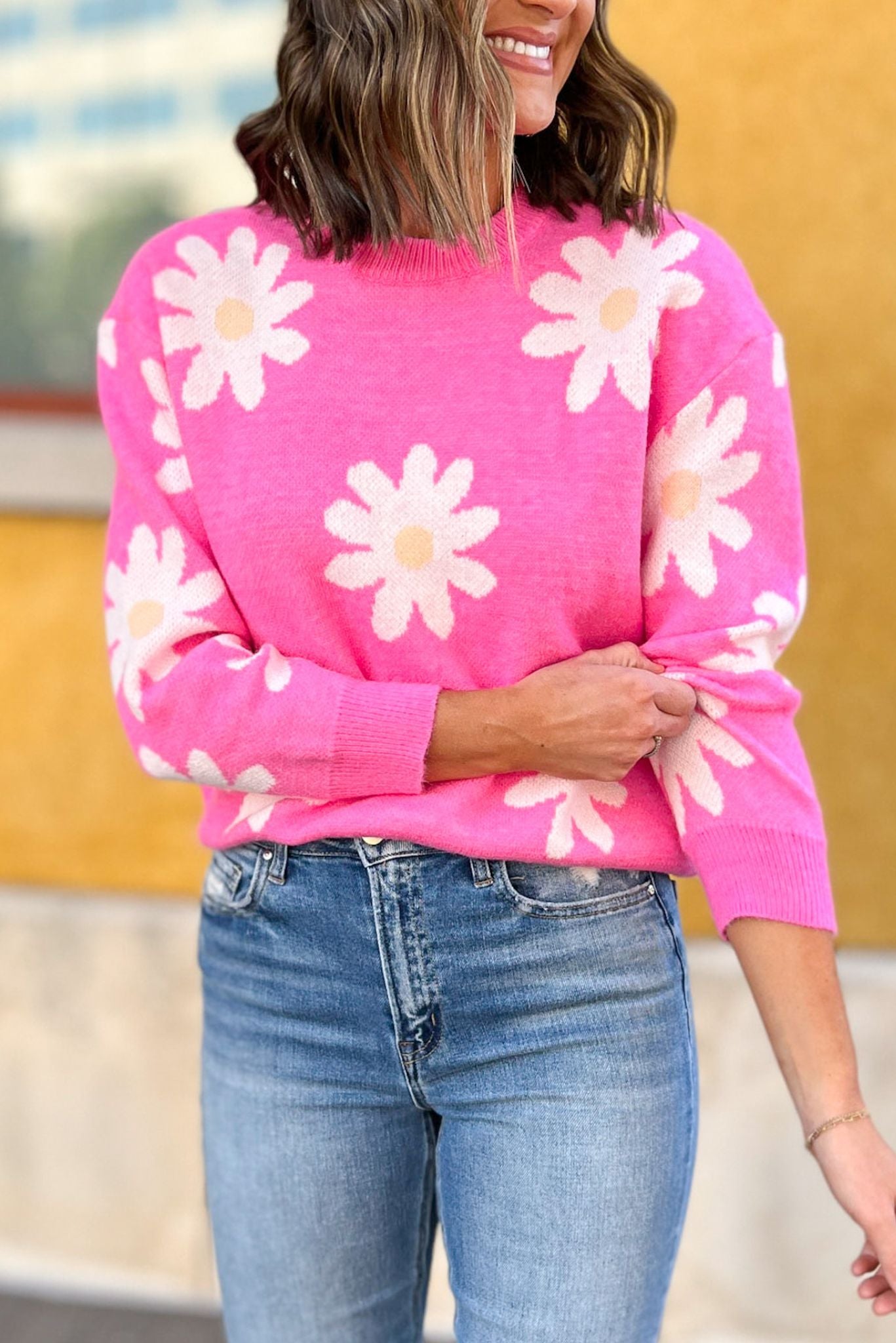 Load image into Gallery viewer, Pink Daisy Ribbed Hem Sweater, fall fashion, fall must have, elevated look, chic, trendy, date night, shop style your senses by mallory fitzsimmons
