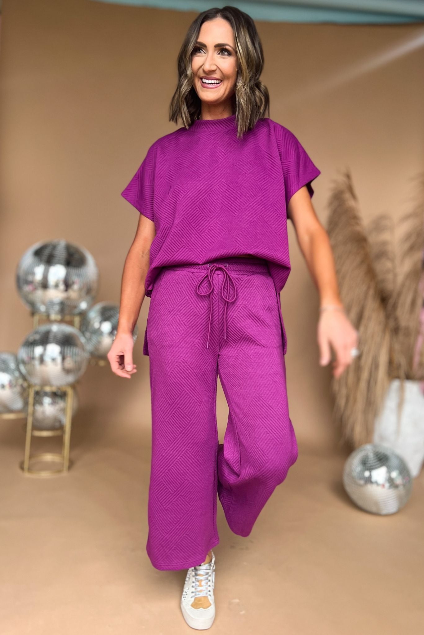 Magenta Textured Drop Shoulder Wide Leg Pants Set, matching set, textured print, must have, mom style, travel look, shop style your senses by mallory fitzsimmons