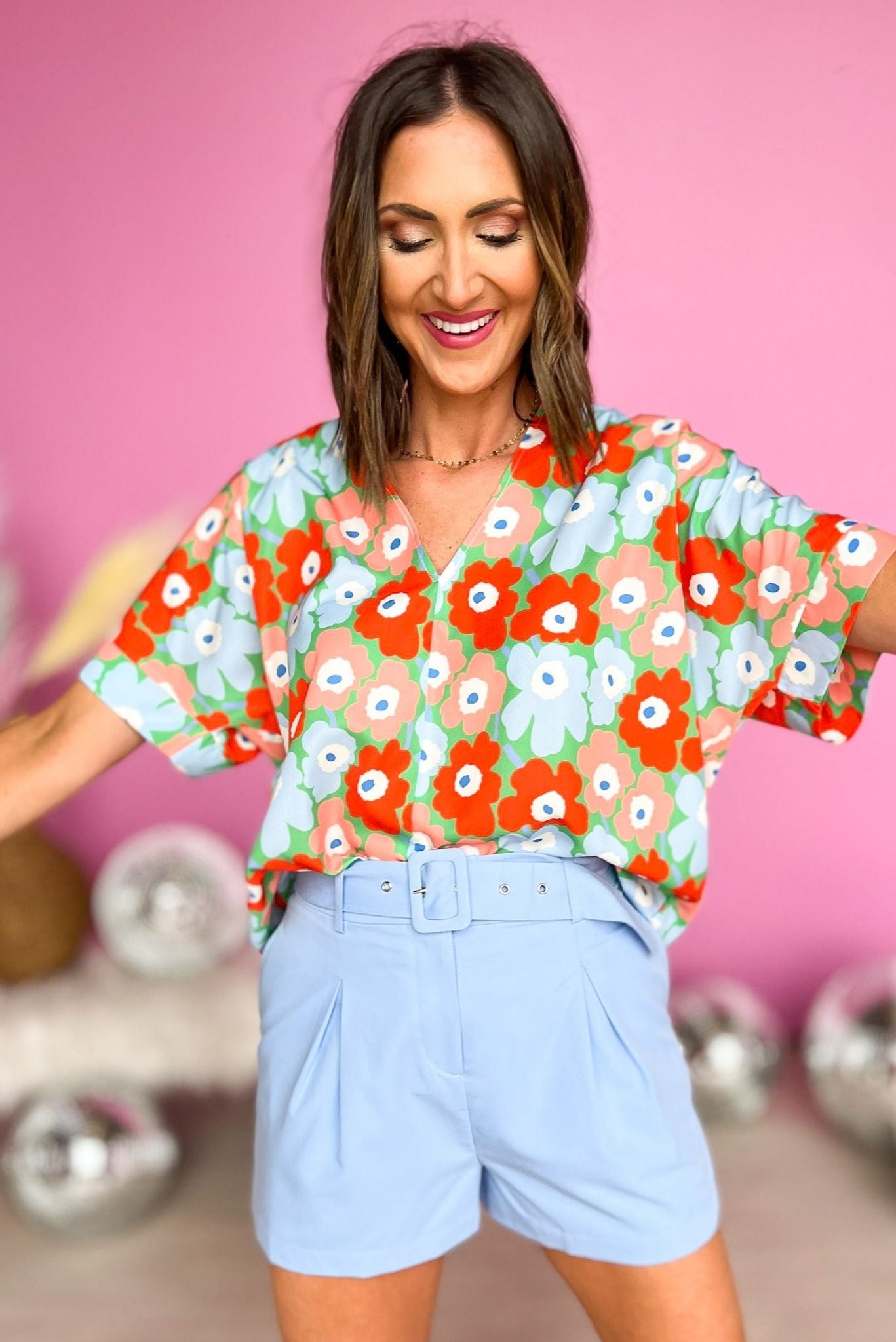 Mint Coral Floral V Neck Short Sleeve Boxy Top, v neck, floral print, bright colors, boxy top, mom style, spring fashion, must have, shop style your senses by mallory fitzsimmons