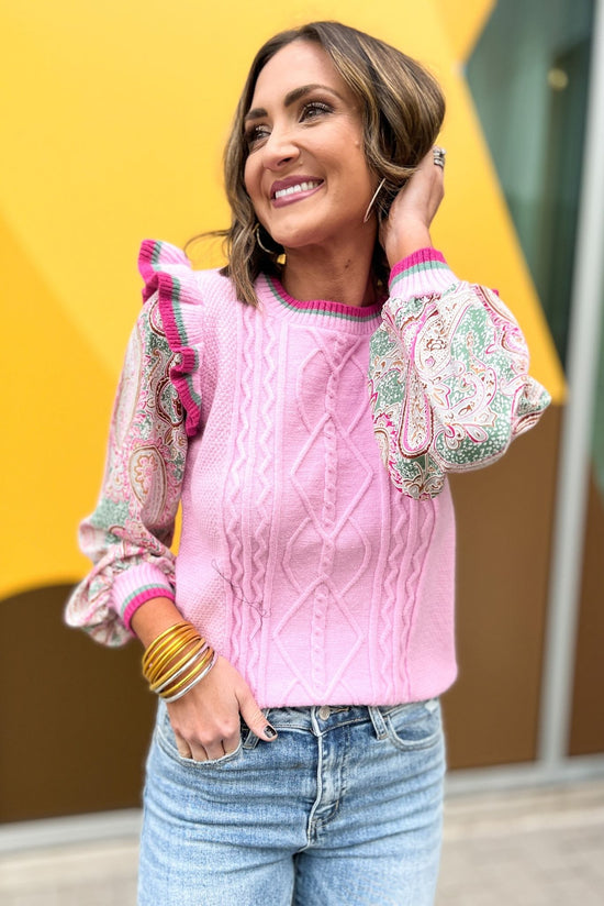 Load image into Gallery viewer, Pink Woven Contrast Ruffle Sleeve Sweater Top, december days, winter fashion, mom style, everyday wear, looks for less, trendy, shop style your senses by mallory fitzsimmons

