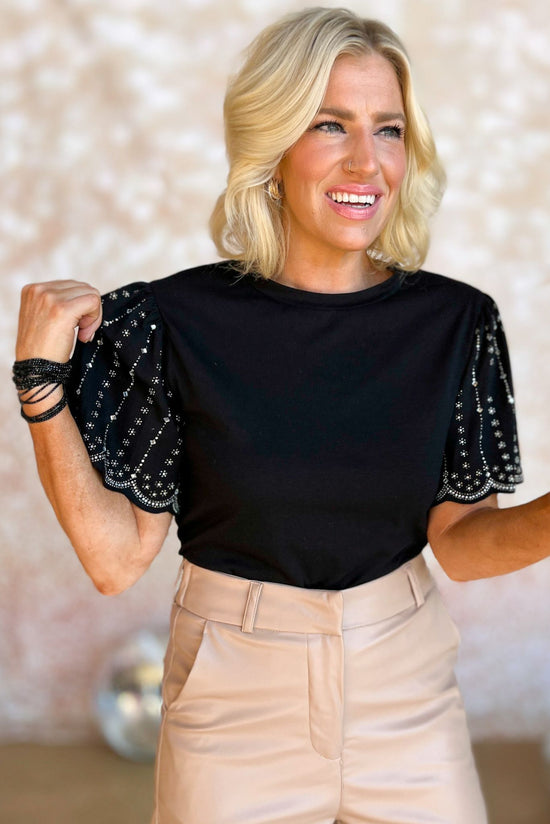 Load image into Gallery viewer, Black Round Neck Embellished Short Sleeve Top, fall fashion, must have, pre glam, holiday look, pre party, shop style your senses by mallory fitzsimmons
