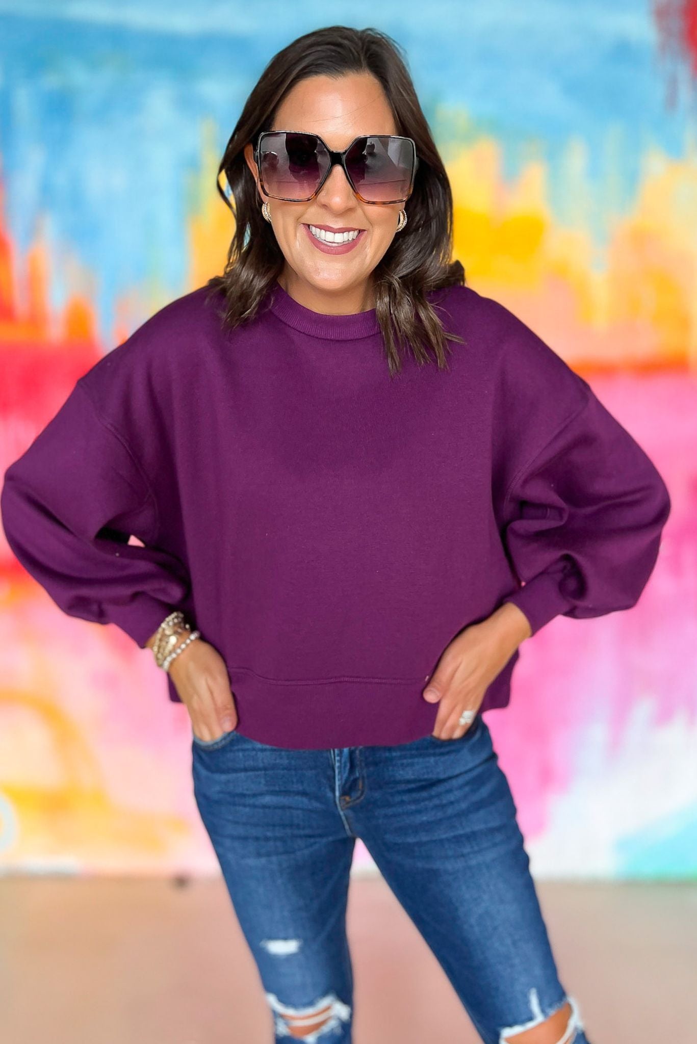 plum Balloon Sleeve Sweatshirt, pink soft material, everyday wear, everyday sweatshirt, mom style, lounge to lunch, shop style your senses by mallory fitzsimmons