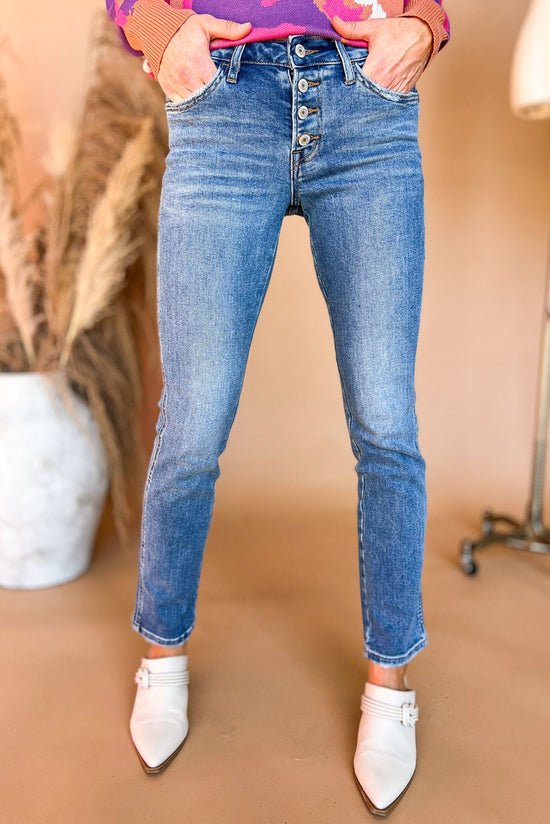 Medium Wash Mid Rise Exposed Button Straight Leg Stretch Ankle Length Jeans fall fashion, must have denim, staple piece, everyday wear, mom style, shop style your senses by mallory fitzsimmons