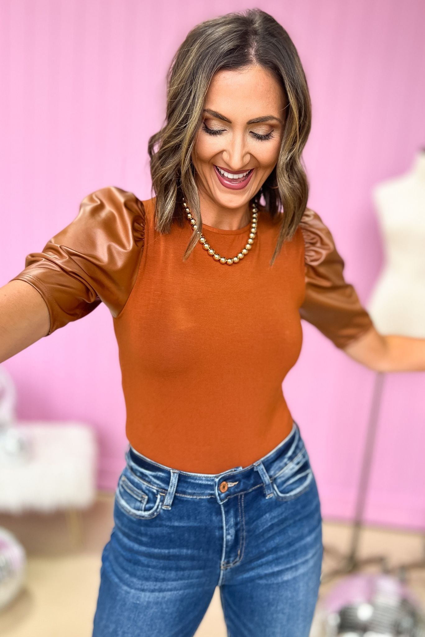 Camel Faux Leather Contrast Puff Short Sleeve Top, holiday tee, glam, must have, mom style, chic, shop style your senses by mallory fitzsimmons