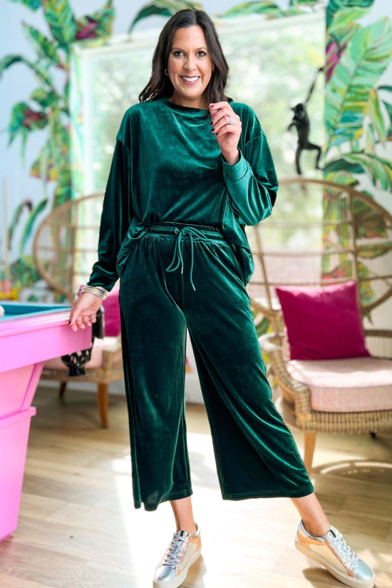 Load image into Gallery viewer, Green Velvet Long Sleeve Wide Leg Crop Pants Set, glam, holiday look, chic, must have, mom style, elevated look, shop style your senses by mallory fitzsimmons
