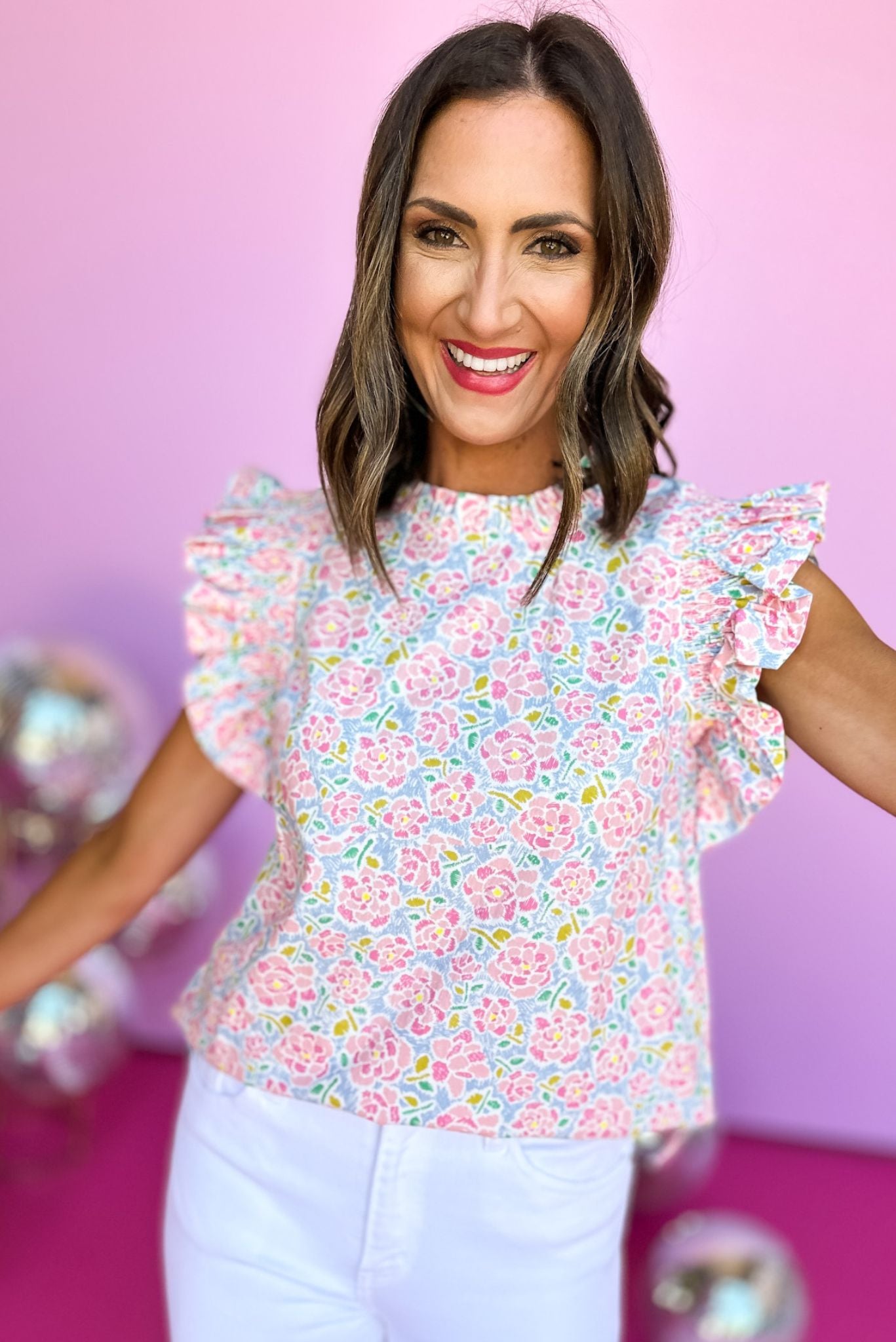 Load image into Gallery viewer, Pink Floral Print Frill Neck Ruffle Cap Sleeve Top
