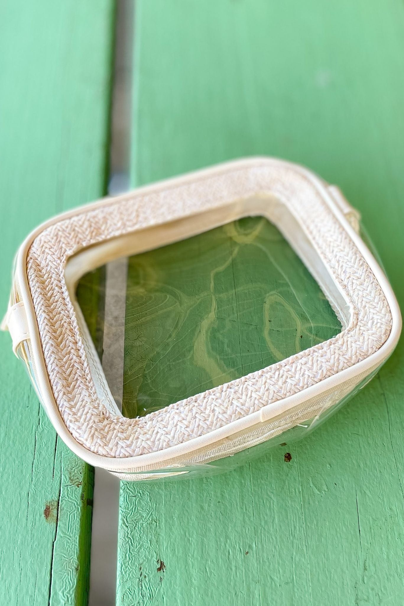 Load image into Gallery viewer, Cream Straw Clear Makeup Bag, must have, travel bag, makeup bag, mom style, shop style your senses by mallory fitzsimmons
