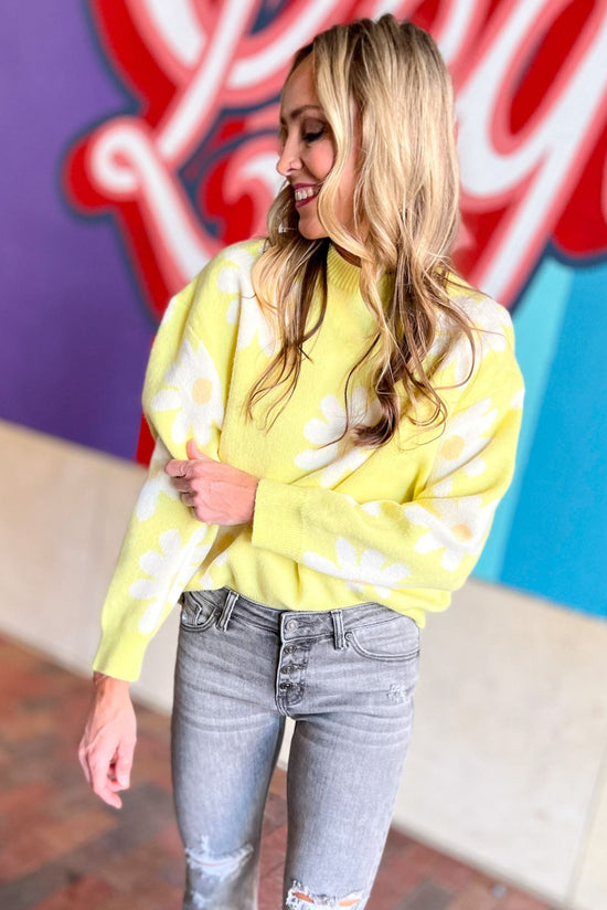 Load image into Gallery viewer, yellow Daisy Ribbed Hem Sweater, fall fashion, fall must have, elevated look, chic, trendy, date night, shop style your senses by mallory fitzsimmons
