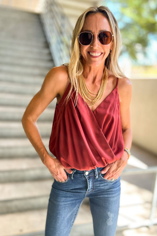 Rust Shiny Cross Front Sleeveless Bodysuit, fall must have, work wear, office look, mom style, fall fav, date night, shop style your senses by mallory fitzsimmons