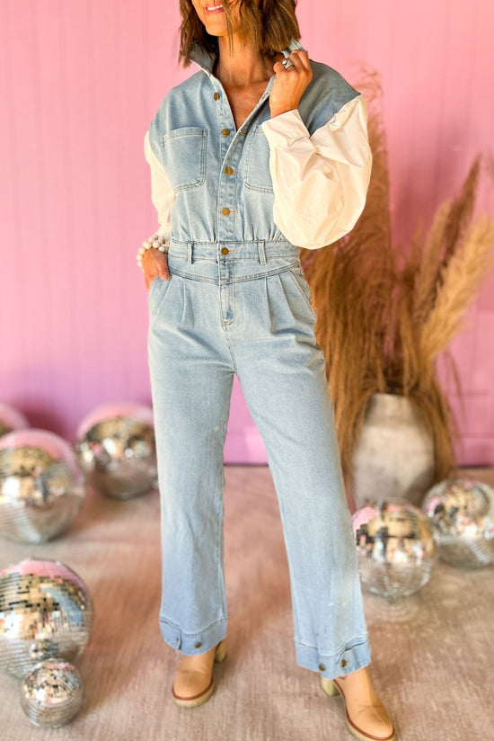 Medium Wash Contrast Poplin Sleeves Denim Jumpsuit, start fresh, jumpsuit, poplin sleeve, must have, mom style, shop style your senses by mallory fitzsimmons