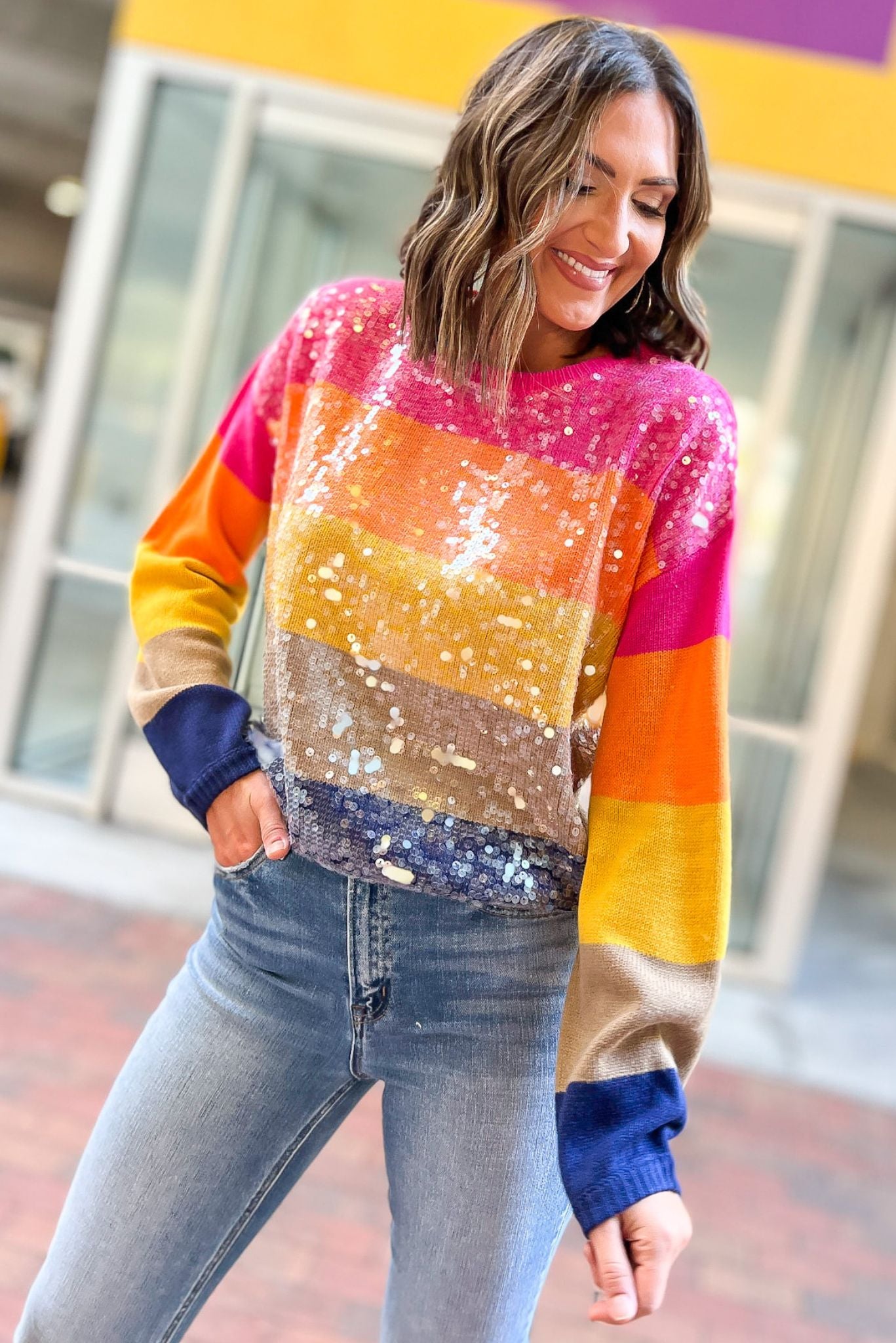 Colorful Striped Sequin Front Sweater, fall fashion, fall must have, elevated look, chic, trendy, date night, shop style your senses by mallory fitzsimmons