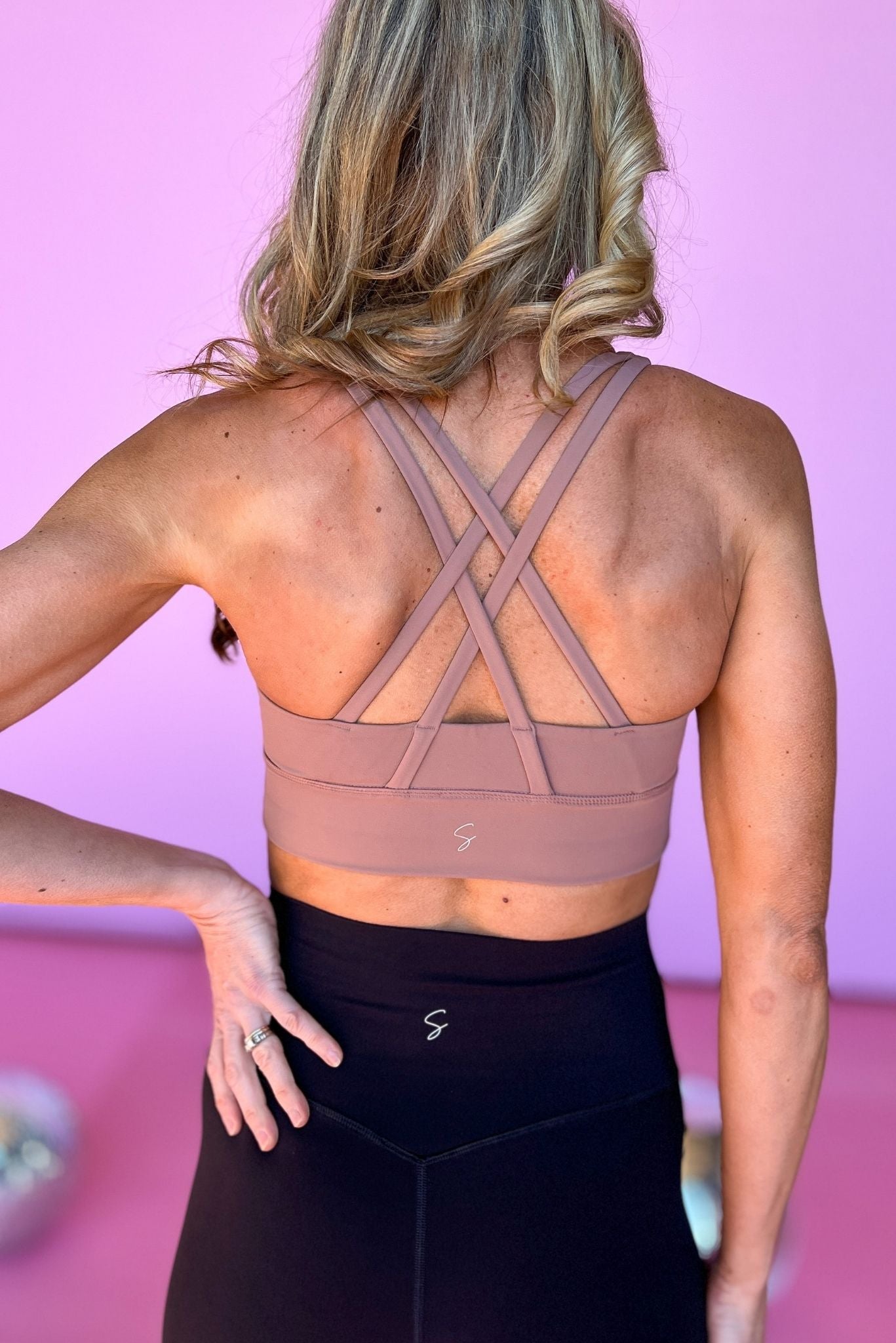 SSYS Khaki Criss Cross Back Longline Sports Bra, matching set, seamlesportss, high waisted, must have, gym wear, shop style your senses by mallory fitzsimmons