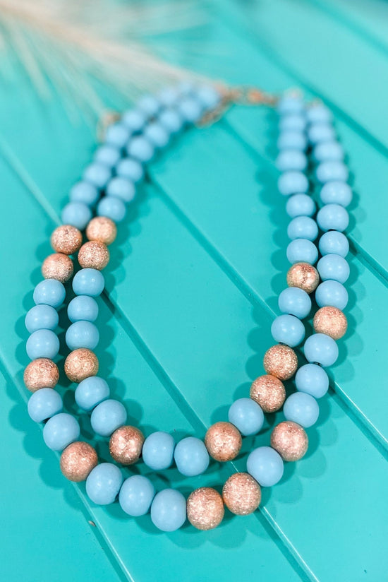 Load image into Gallery viewer, Turquoise Wood Gold Bead Necklace, spring accessory, must have, elevated look, mom style, chic, shop style your senses by mallory fitzsimmons
