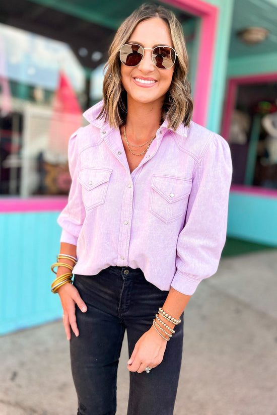 Load image into Gallery viewer, SSYS Exclusive Lavender Denim Pearl Snap Long Sleeve Top, denim long sleeve top, lavender, pearl snap detail, transition piece, must have, fort worth fall, shop style your senses by mallory fitzsimmons
