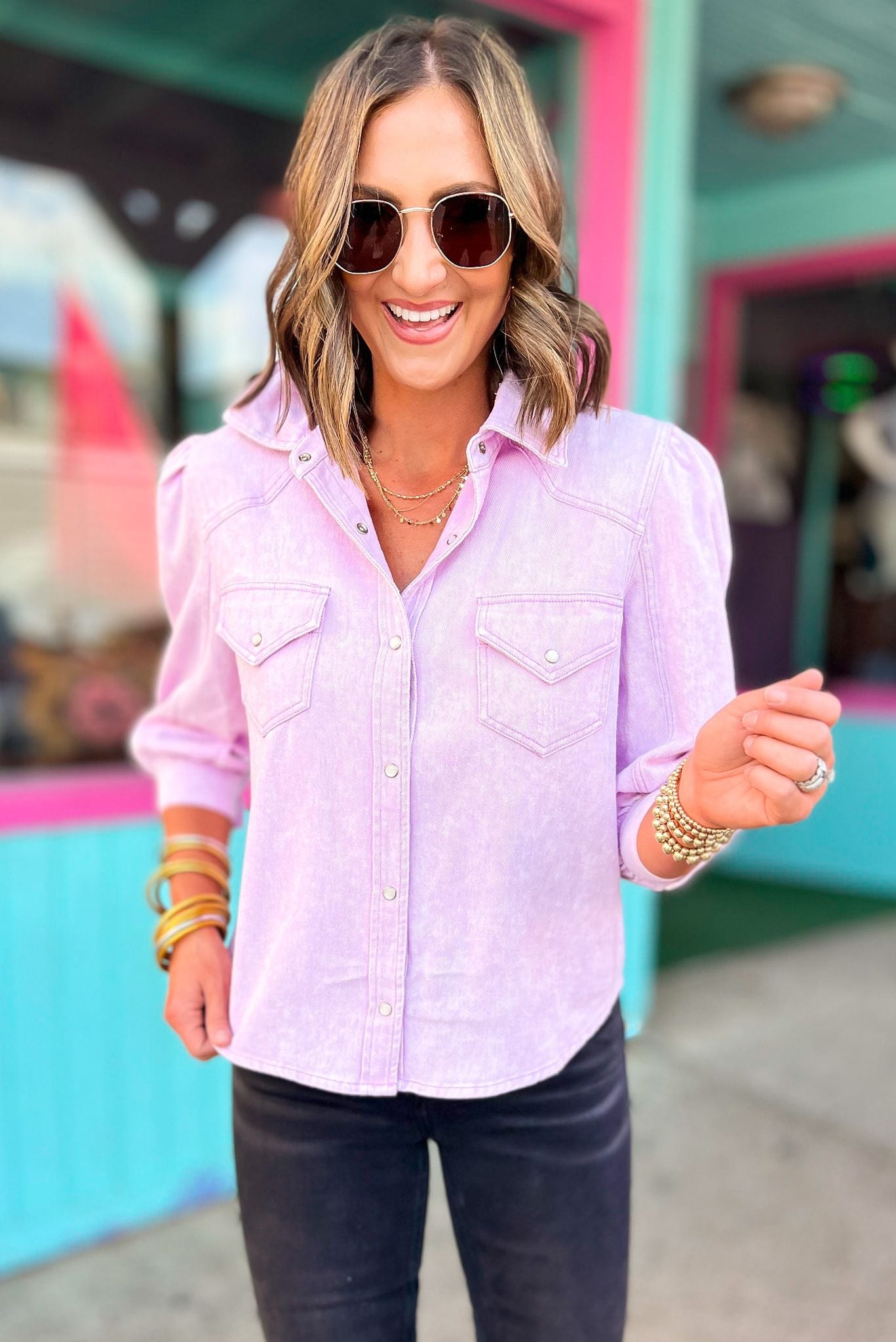 Load image into Gallery viewer, SSYS Exclusive Lavender Denim Pearl Snap Long Sleeve Top, denim long sleeve top, lavender, pearl snap detail, transition piece, must have, fort worth fall, shop style your senses by mallory fitzsimmons
