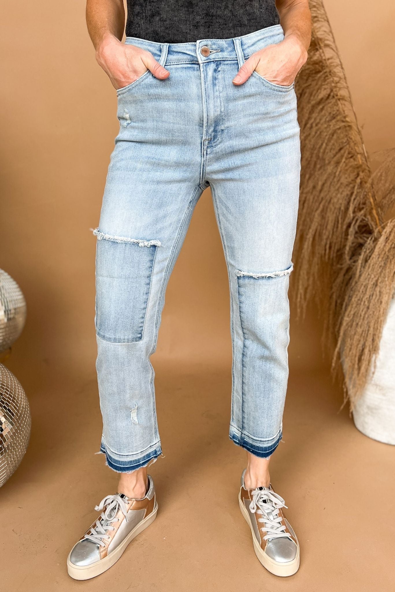 Risen Light Wash High Rise Patch Crop Straight Jeans, medium wash jeans, flare jeans, high rise jeans, stretchy jeans, Shop Style Your Senses By Mallory Fitzsimmons