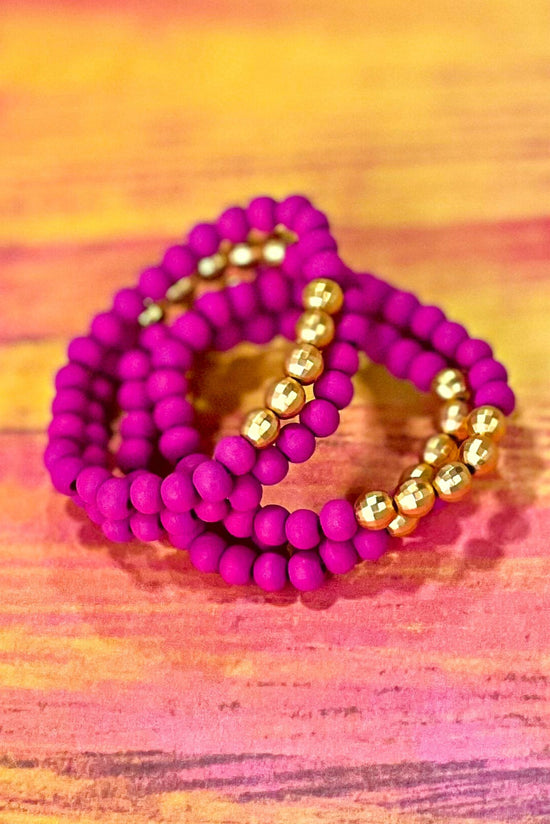 Load image into Gallery viewer, Fuchsia Wooden Beaded Gold Accent Bracelet Stack, wooden beaded stack bracelets, gold and fuchsia, bright accessory, everyday wear, shop style your senses by mallory fitzsimmons
