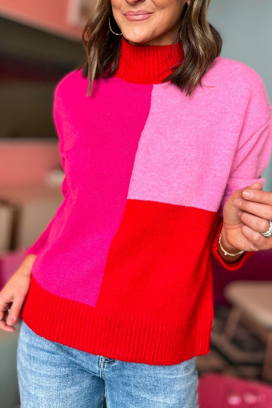 Hot Pink Red Colorblock Mock Neck Oversized Sweater, sweater weather, mom style, shop style your senses by mallory fitzsimmons
