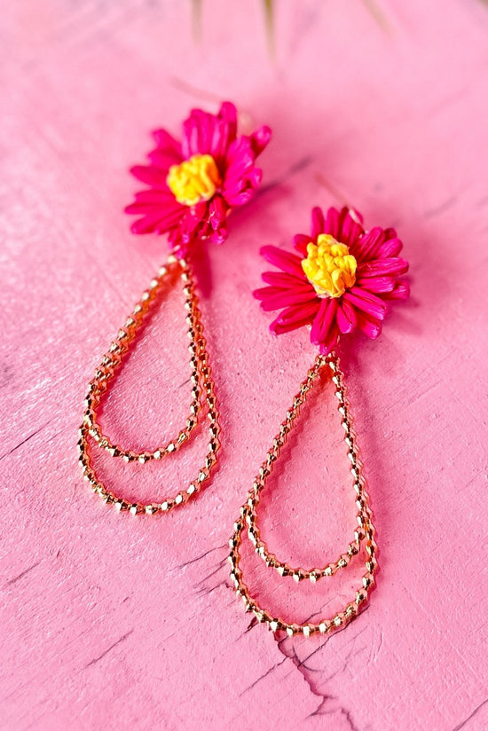 Load image into Gallery viewer, Pink Raffia Flower Double Open Metal Teardrop Link Dangle Earrings *FINAL SALE*
