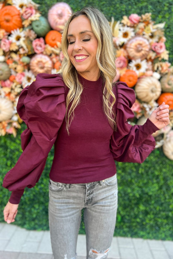 Load image into Gallery viewer, wine Poplin Puff Long Sleeve Knit Top, fall fashion, fall must have, elevated look, mom style, shop style your senses by mallory fitzsimmons

