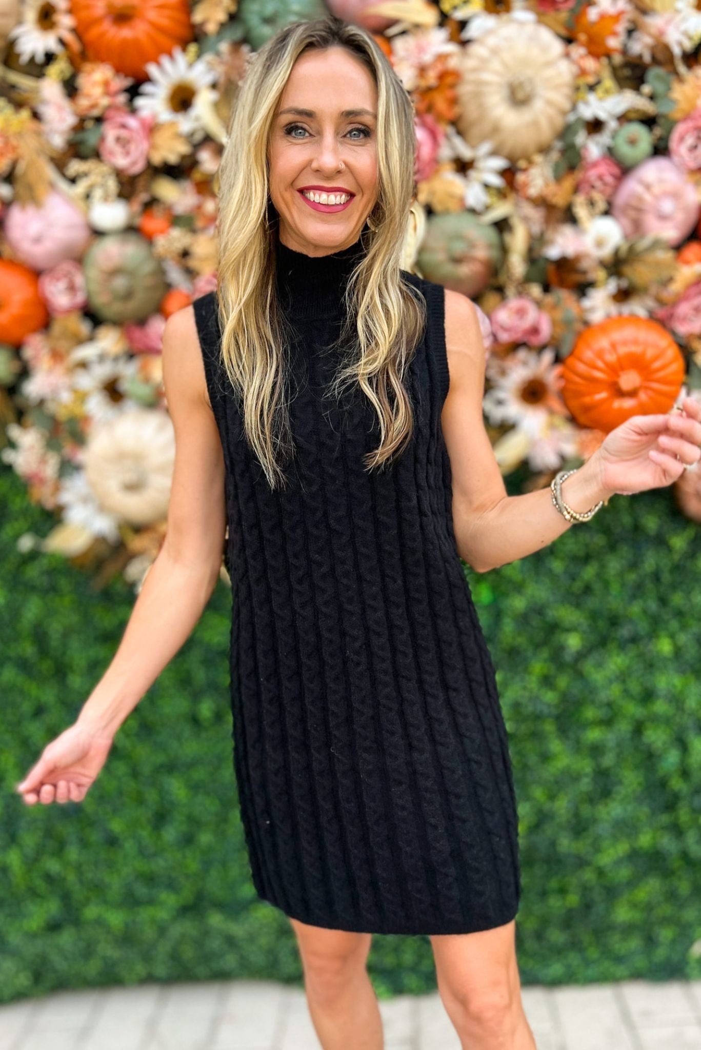 Black Cable Knit Mock Neck Sleeveless Sweater Dress, fall fashion, fall must have, sweater dress, thanksgiving look, mom style, layered look, shop style your senses by mallory fitzsimmons