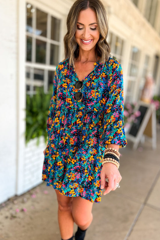 Load image into Gallery viewer, Emerald Floral Neck Tie Long Sleeve Dress
