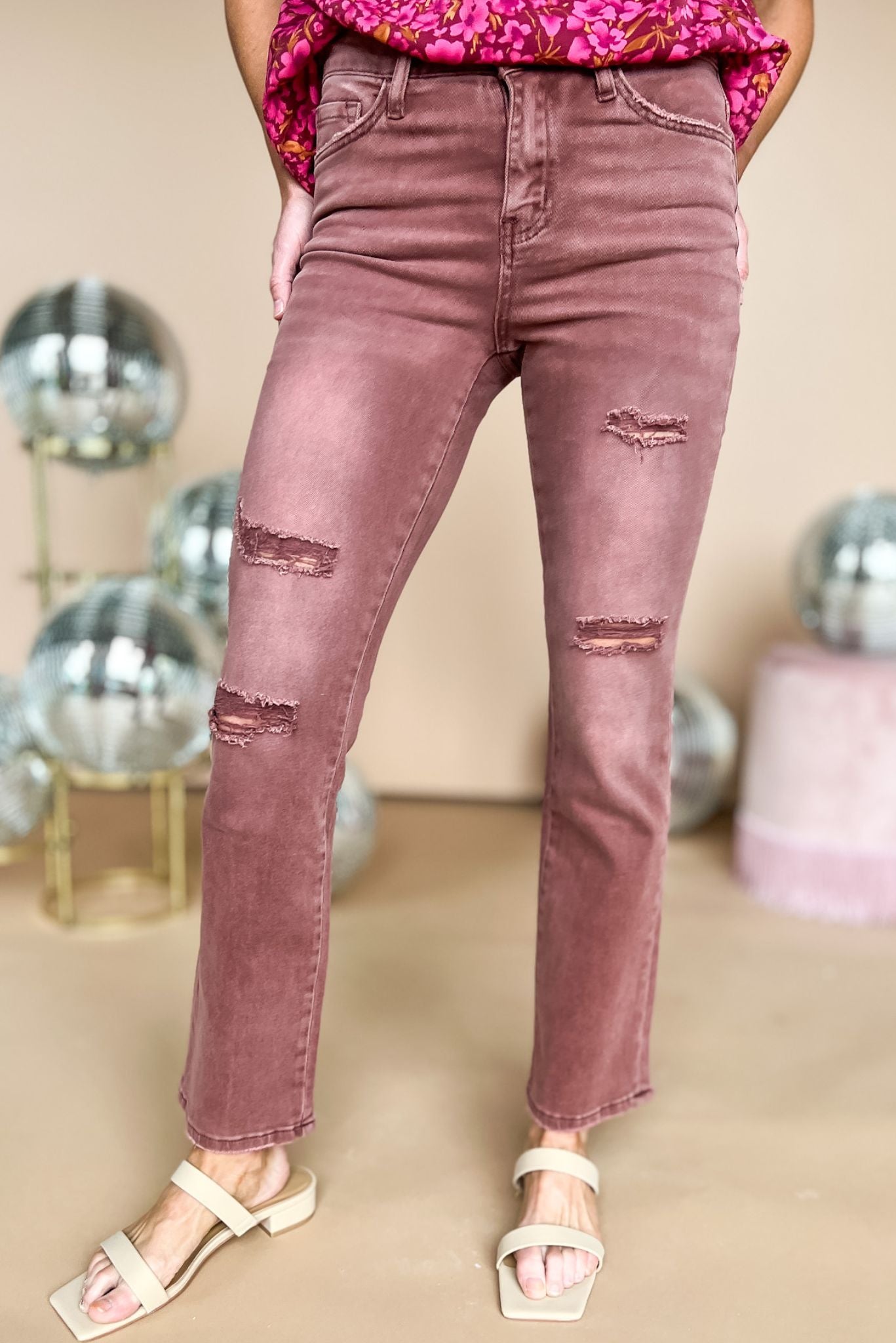 Vervet Burgundy Washed High Rise Ankle Bootcut Jeans, colored wash, flare, everyday wear, distressed hem, mom style, shop style your senses by mallory fitzsimmons