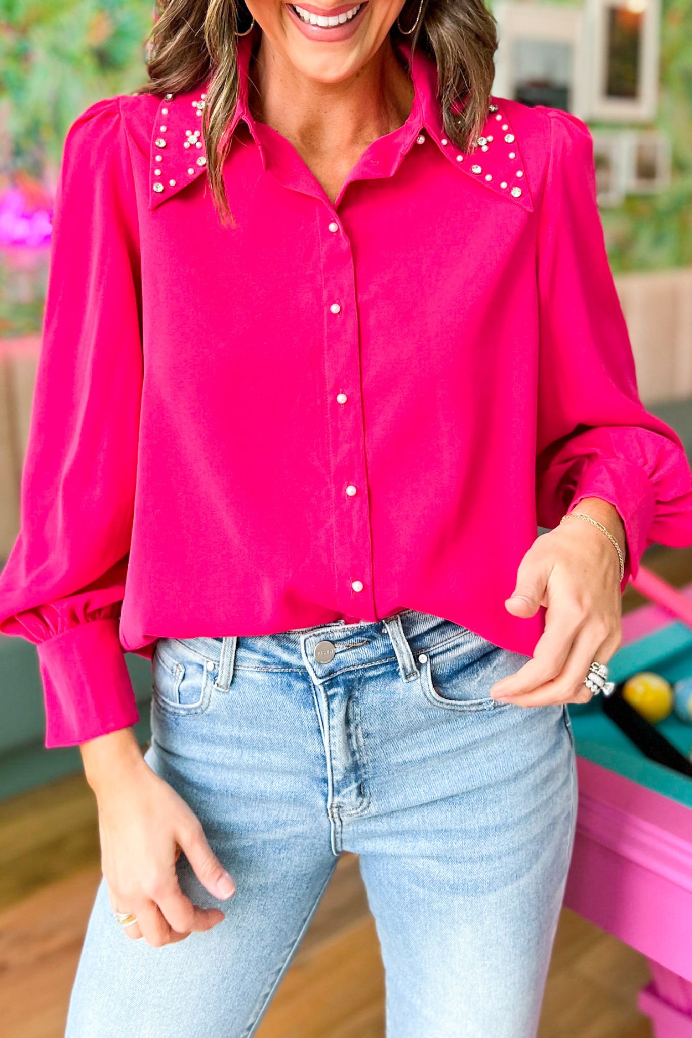 Load image into Gallery viewer, Fuchsia Pearl Rhinestone Embellished Button Down Top, must have, pearl rhinestone detail, mom style, holiday look, glam, chic, shop style your senses by mallory fitzsimmons
