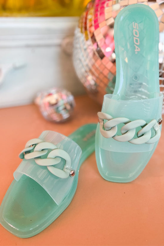 Load image into Gallery viewer, mint Jelly Chain Link Strap Sandals, summer in january, jelly sandal, chain link detail, slip on, summer style, must have, shop style your senses by mallory fitzsimmons
