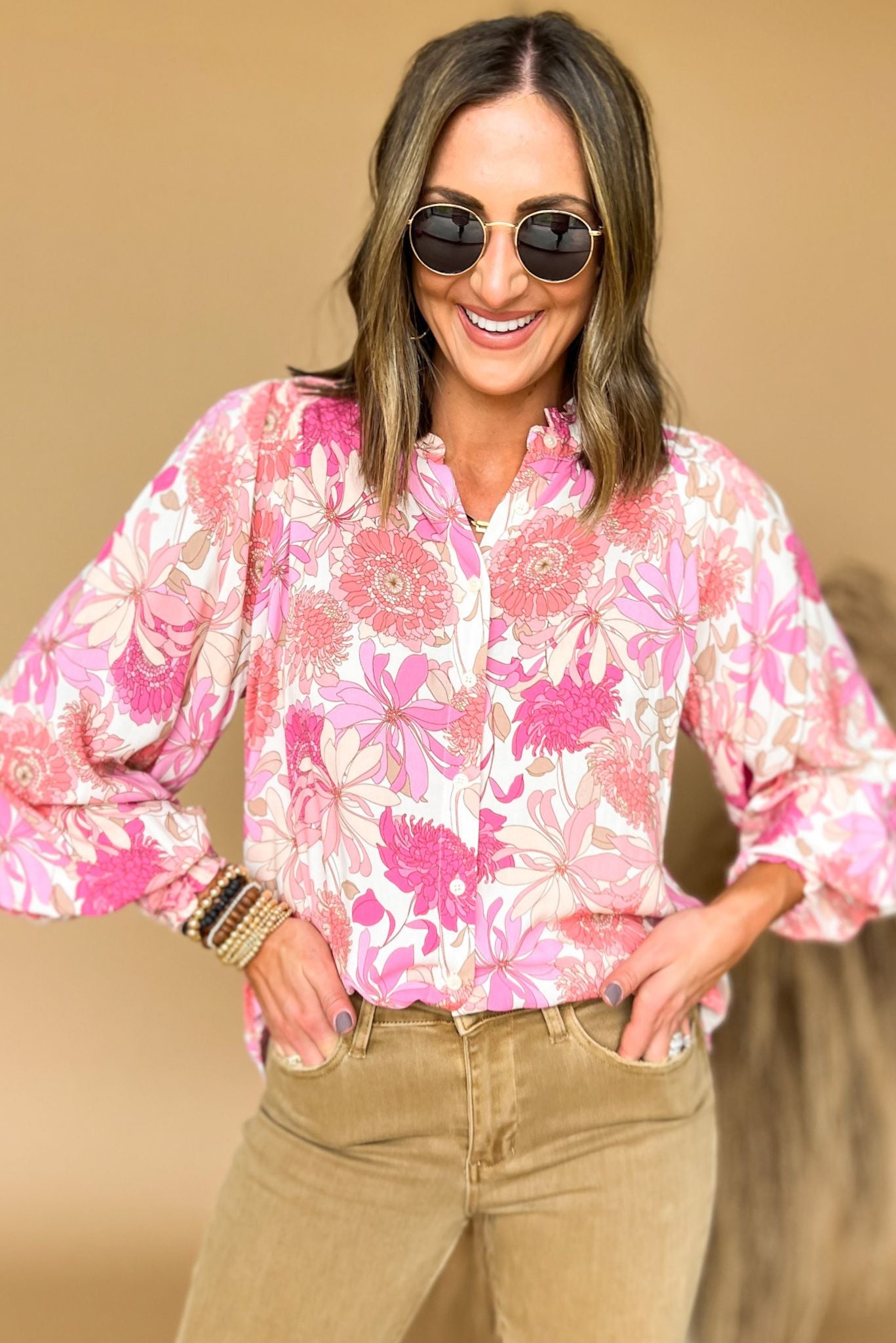 Pink Floral Tie Frill Neck Long Sleeve Top