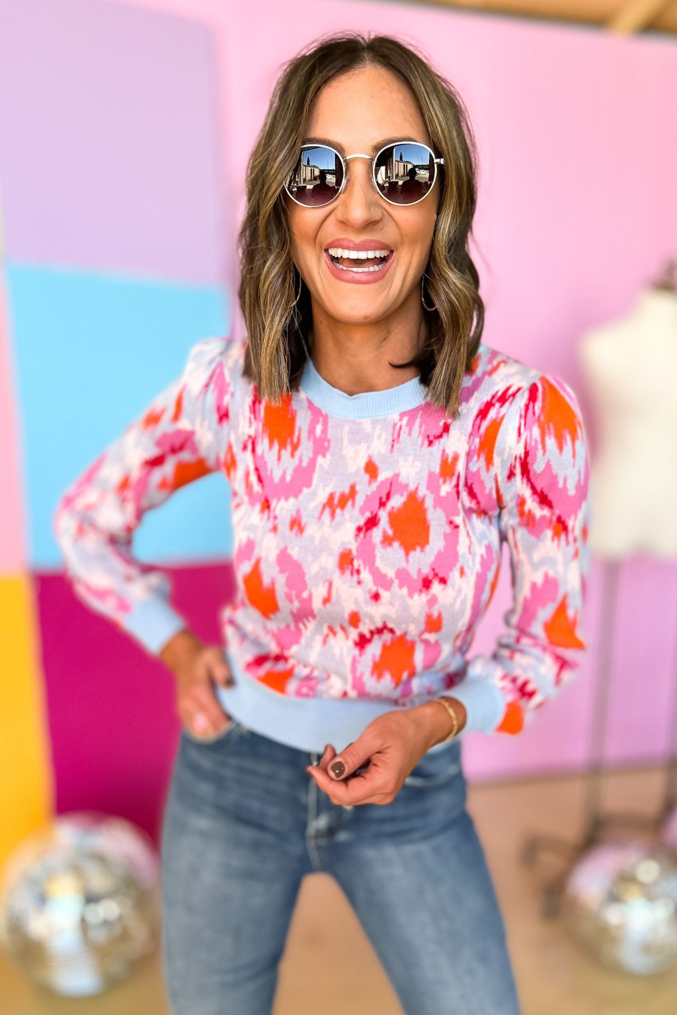 Load image into Gallery viewer, Pink Blue Printed Puff Sleeve Sweater, fall must have, layered look, elevated look, mom style, shop style your senses by mallory fitzsimmons

